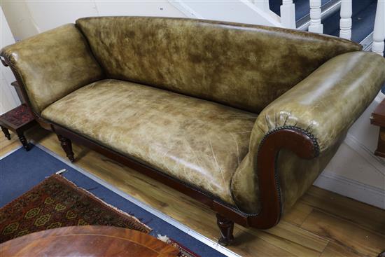 A Regency mahogany settee with green leather upholstery width 235cm
